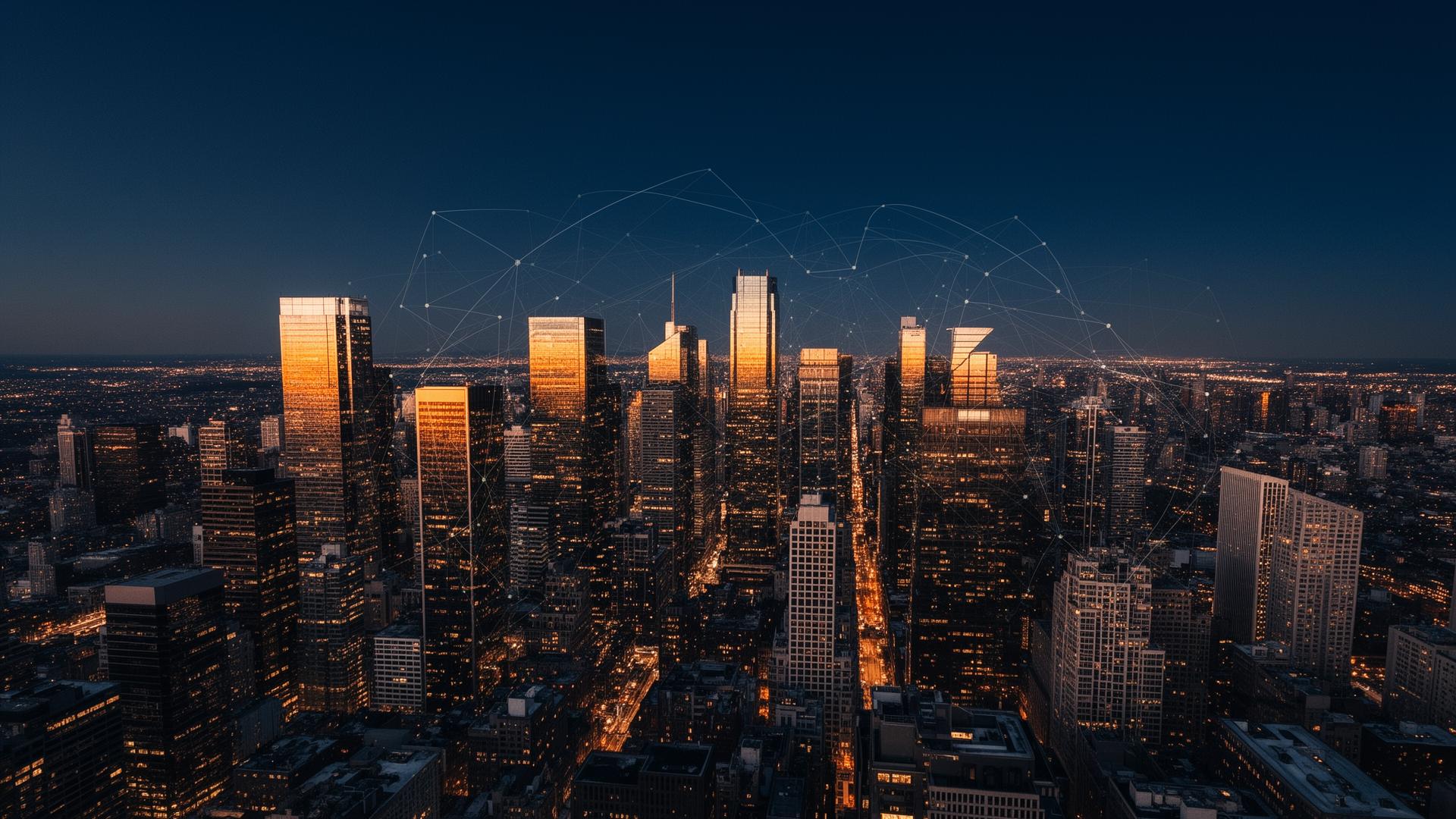 Modern global skyline at dusk with digital network overlay
